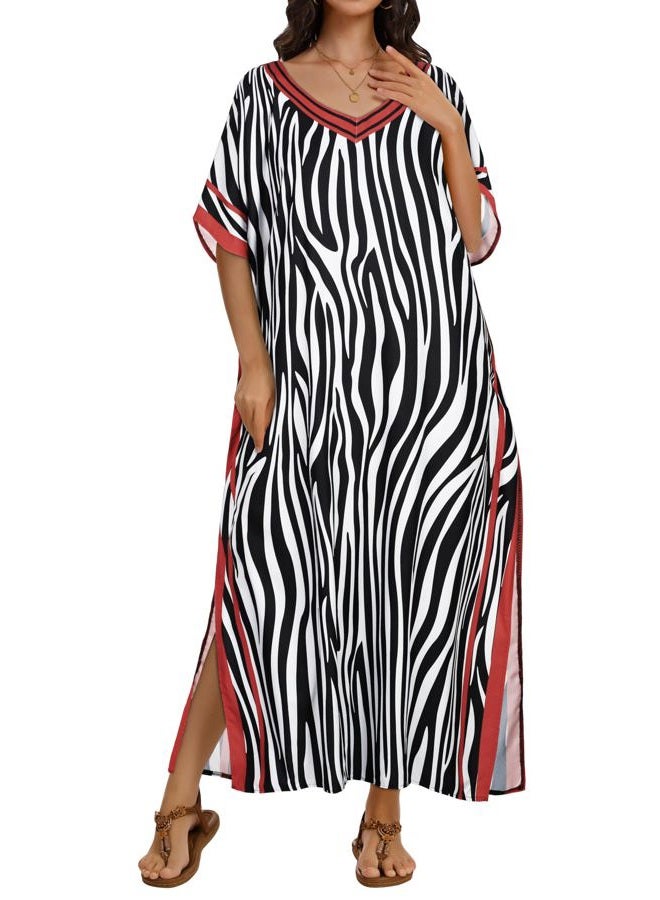 CHICGAL Kaftan Dresses for Women Oversized Long Batwing Sleeve Caftan V Neck Beach Cover Ups Summer Maxi Dress, Black White Stripes, One size - Image 5
