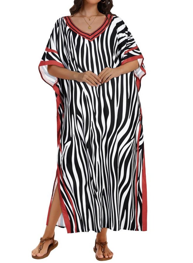 CHICGAL Kaftan Dresses for Women Oversized Long Batwing Sleeve Caftan V Neck Beach Cover Ups Summer Maxi Dress, Black White Stripes, One size - Image 2