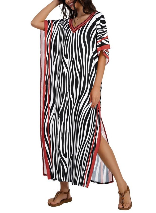 CHICGAL Kaftan Dresses for Women Oversized Long Batwing Sleeve Caftan V Neck Beach Cover Ups Summer Maxi Dress, Black White Stripes, One size - Image 4