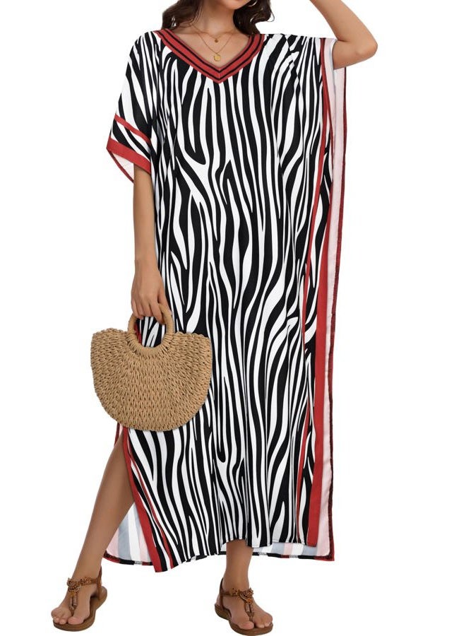 CHICGAL Kaftan Dresses for Women Oversized Long Batwing Sleeve Caftan V Neck Beach Cover Ups Summer Maxi Dress, Black White Stripes, One size - Image 3
