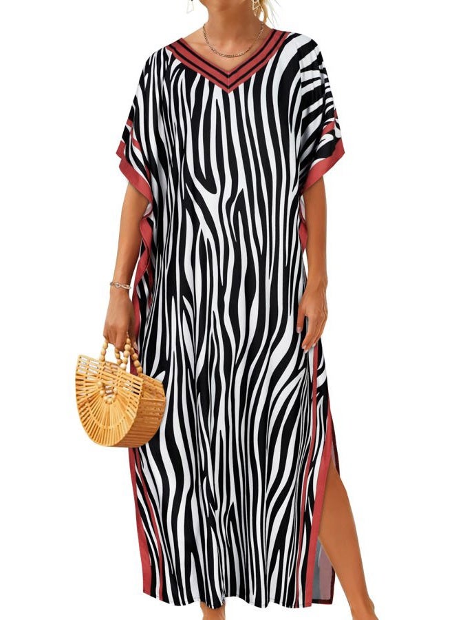 CHICGAL Kaftan Dresses for Women Oversized Long Batwing Sleeve Caftan V Neck Beach Cover Ups Summer Maxi Dress, Black White Stripes, One size - Image 1