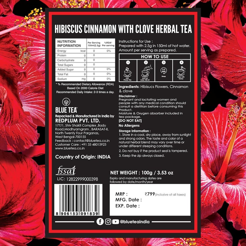BLUE TEA Hibiscus Cinnamon Herbal Tea - 100g Loose Leaf - Caffeine Free, Vegan, Gluten Free - Skin Glow Enhancing Tea - Image 3