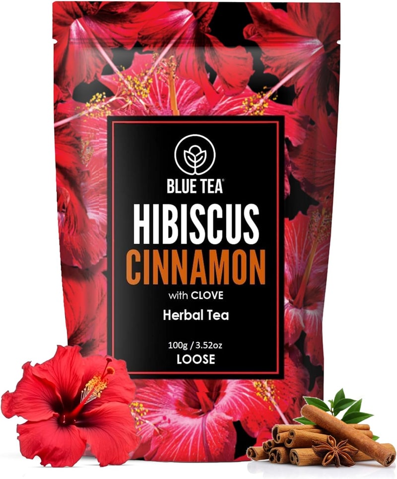 BLUE TEA Hibiscus Cinnamon Herbal Tea - 100g Loose Leaf - Caffeine Free, Vegan, Gluten Free - Skin Glow Enhancing Tea - Image 1