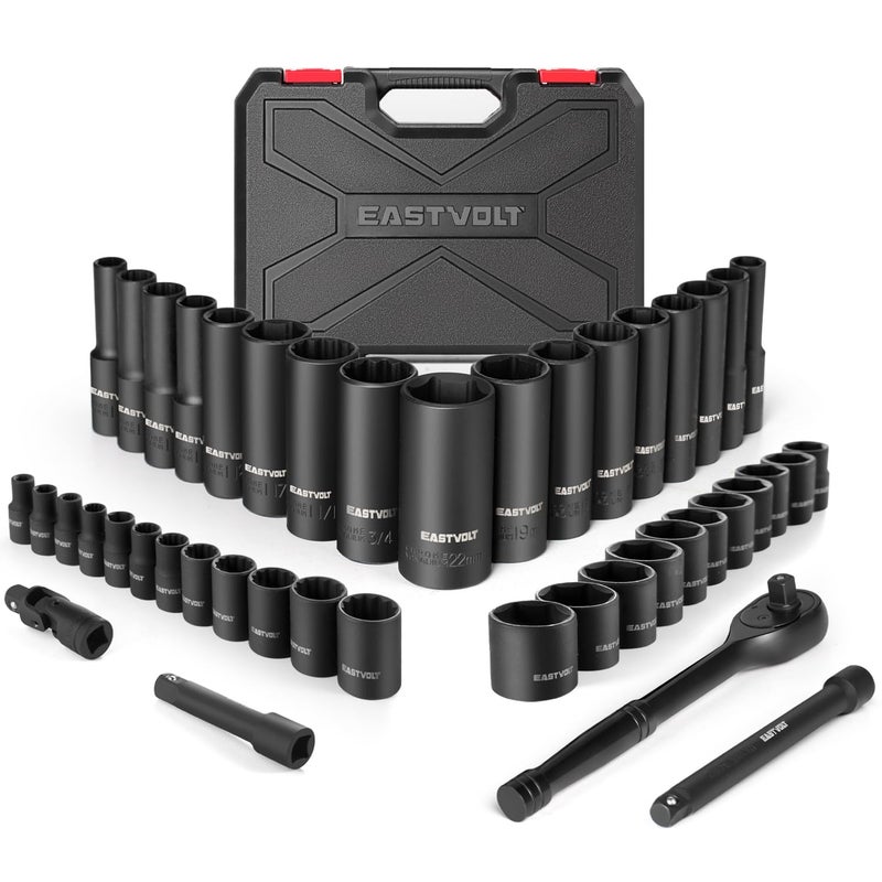 Eastvolt Mechanic Tool Kits, Drive Socket Set, 46 Pieces, with 72 Teeth Reversible Ratchet, Metric/SAE (ASK06), One Size - Image 1
