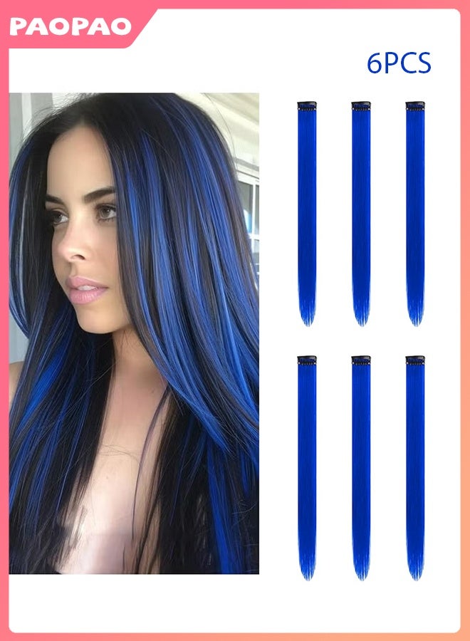 Pao pao 6 Pieces Clip-in Synthetic Hair Extensions, Long Straight Hairpiece with Highlights, Gradient Wig for Women and Girls, Daily and Party Use, 50cm Sapphire Blue - Image 1
