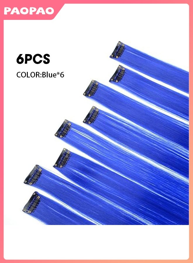 Pao pao 6 Pieces Clip-in Synthetic Hair Extensions, Long Straight Hairpiece with Highlights, Gradient Wig for Women and Girls, Daily and Party Use, 50cm Sapphire Blue - Image 3