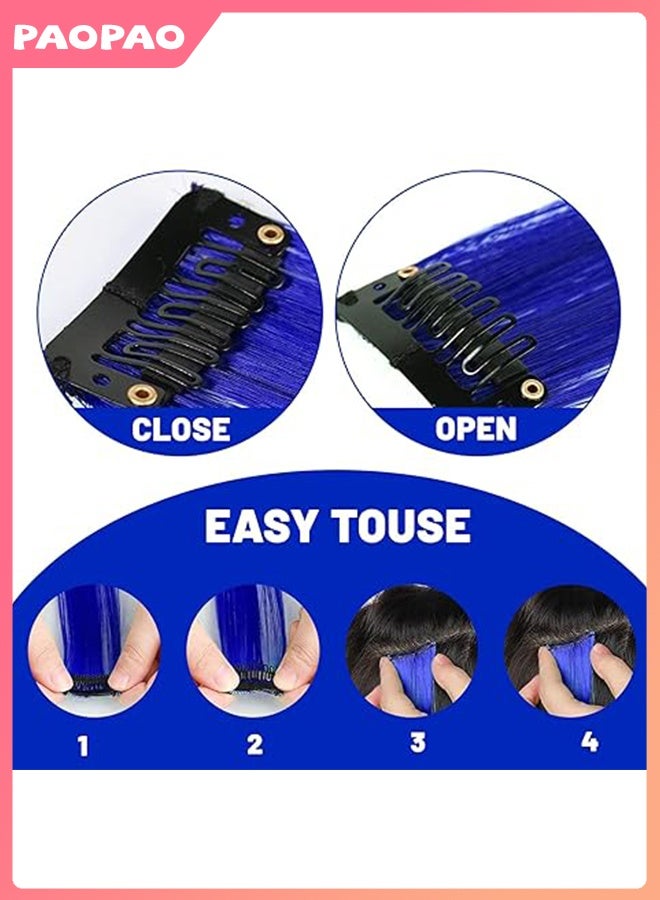 Pao pao 6 Pieces Clip-in Synthetic Hair Extensions, Long Straight Hairpiece with Highlights, Gradient Wig for Women and Girls, Daily and Party Use, 50cm Sapphire Blue - Image 5