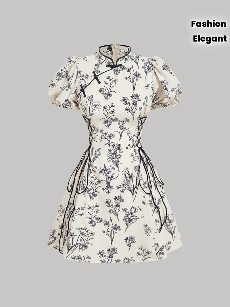 Elegant Black & White Floral Chinese-Style Short Dress with Puffed Sleeves - Waist-Cinching, Stand Collar, Perfect for Spring\u002FSummer, Adult Women'S Fashion, Floral Dress | Stand Coll... - Image 2