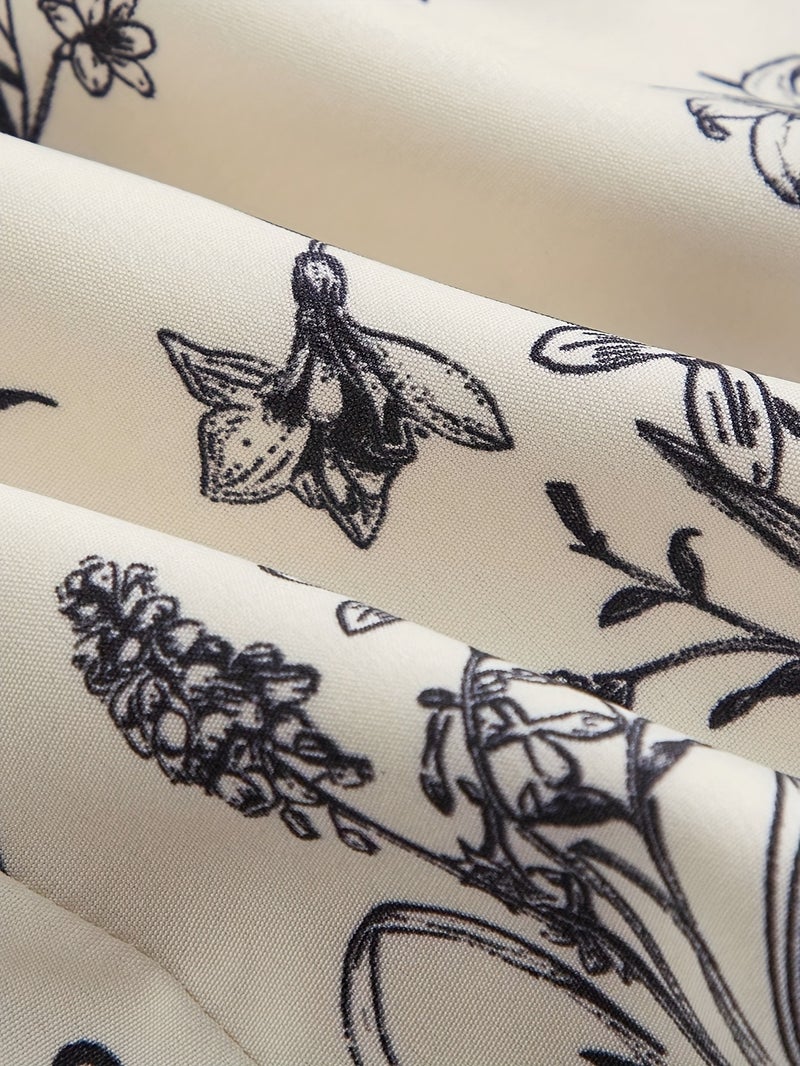 Elegant Black & White Floral Chinese-Style Short Dress with Puffed Sleeves - Waist-Cinching, Stand Collar, Perfect for Spring\u002FSummer, Adult Women'S Fashion, Floral Dress | Stand Coll... - Image 5