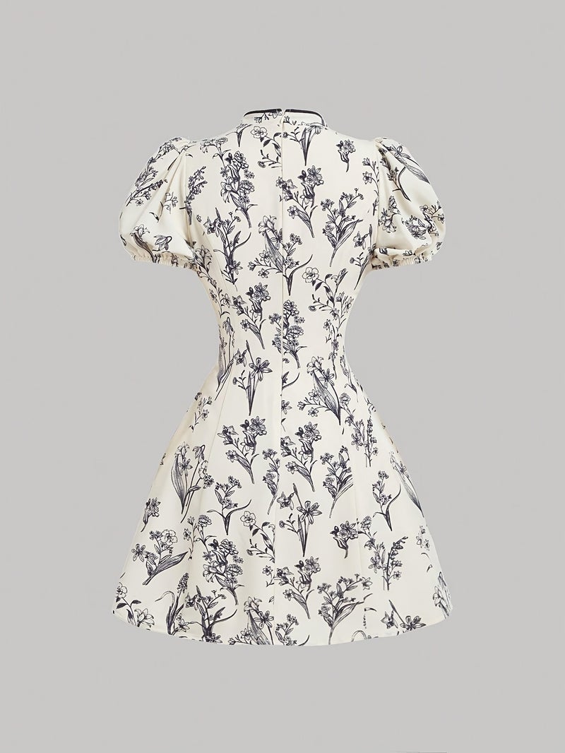 Elegant Black & White Floral Chinese-Style Short Dress with Puffed Sleeves - Waist-Cinching, Stand Collar, Perfect for Spring\u002FSummer, Adult Women'S Fashion, Floral Dress | Stand Coll... - Image 3