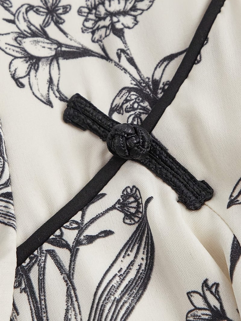Elegant Black & White Floral Chinese-Style Short Dress with Puffed Sleeves - Waist-Cinching, Stand Collar, Perfect for Spring\u002FSummer, Adult Women'S Fashion, Floral Dress | Stand Coll... - Image 4
