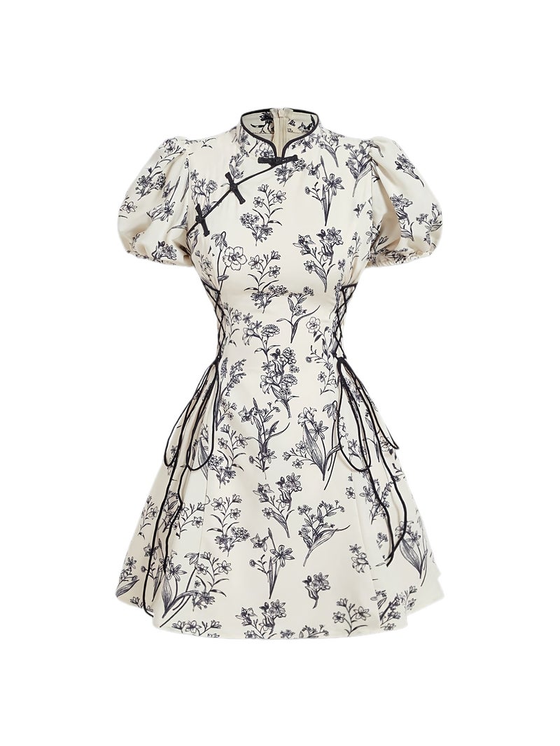 Elegant Black & White Floral Chinese-Style Short Dress with Puffed Sleeves - Waist-Cinching, Stand Collar, Perfect for Spring\u002FSummer, Adult Women'S Fashion, Floral Dress | Stand Coll... - Image 1