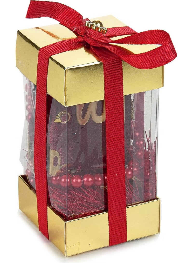 Special Boxed Mini Velvet Covered Quran and Pearl Prayer Beads Set Red