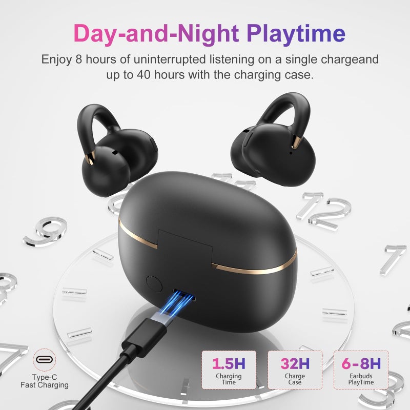 OHAYO A7 Open Ear Clip-On Headphones for Glasses Wearers - Safe for Running & Streets, 4.7g Weightless Fit, 40H Battery, Bluetooth 5.4, Black - Image 4