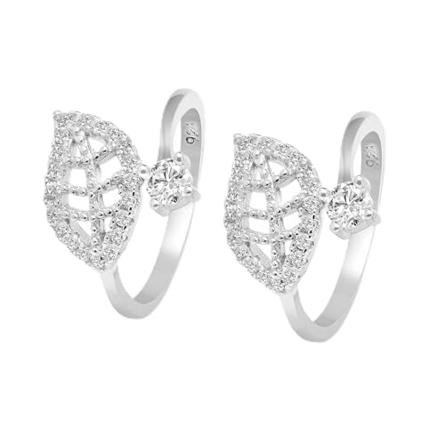 ZAVYA 925 Sterling Silver Cubic Zirconia CZ Leaf Solitaire Rhodium Plated Adjustable Pair Toe Ring | Gift for Women | With Certificate and 925 Hallmark - Image 1