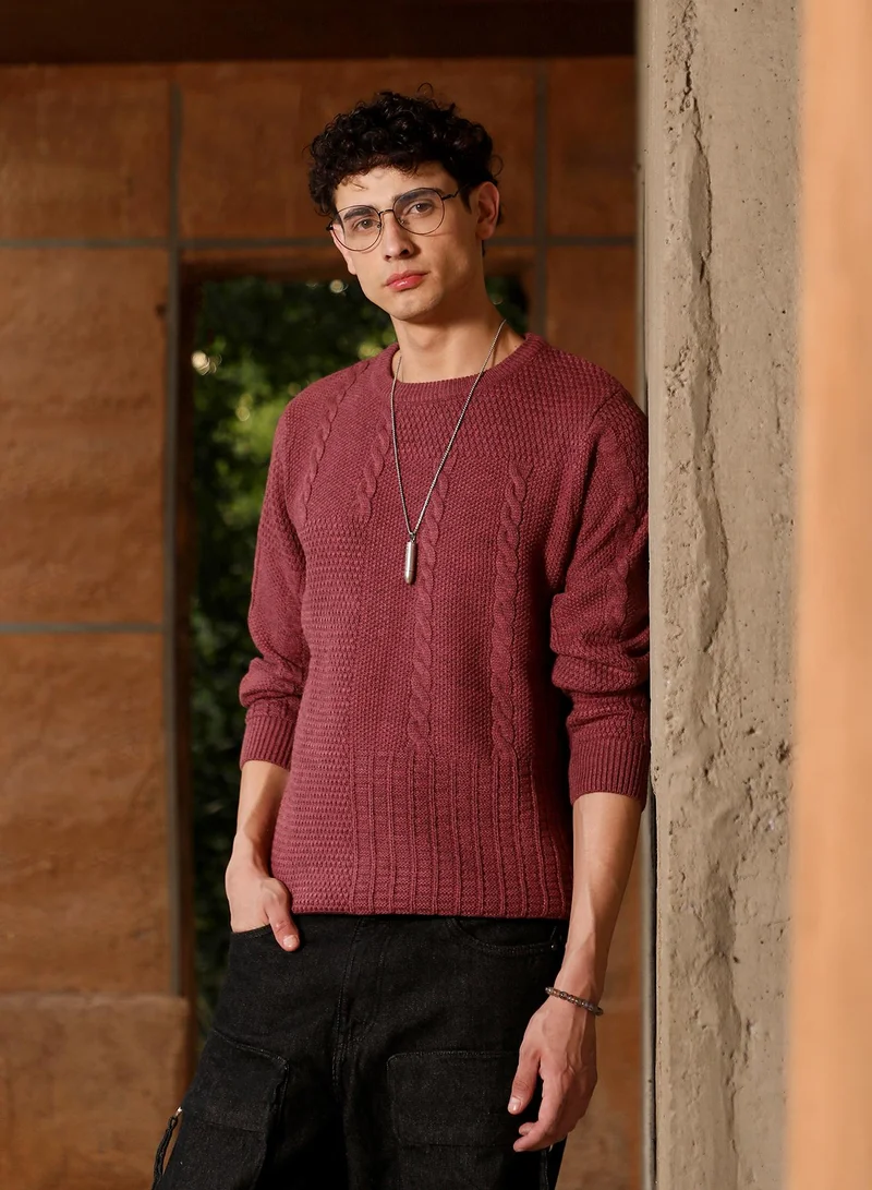 كامبوس سوترا Campus Sutra Men's Brick Brown Cable-Jacquard Knit Pullover Sweater | Round Neck , Ribbed Cuff Sleeves , Pull On Closure , Ribbed-Straight Hem | Solid Jacquard For Casual & Daily Wear