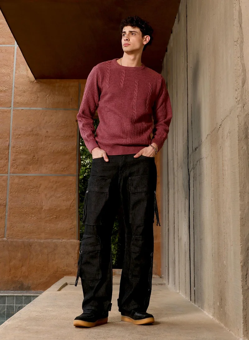 Campus Sutra Campus Sutra Men's Brick Brown Cable-Jacquard Knit Pullover Sweater | Round Neck , Ribbed Cuff Sleeves , Pull On Closure , Ribbed-Straight Hem | Solid Jacquard For Casual & Daily Wear