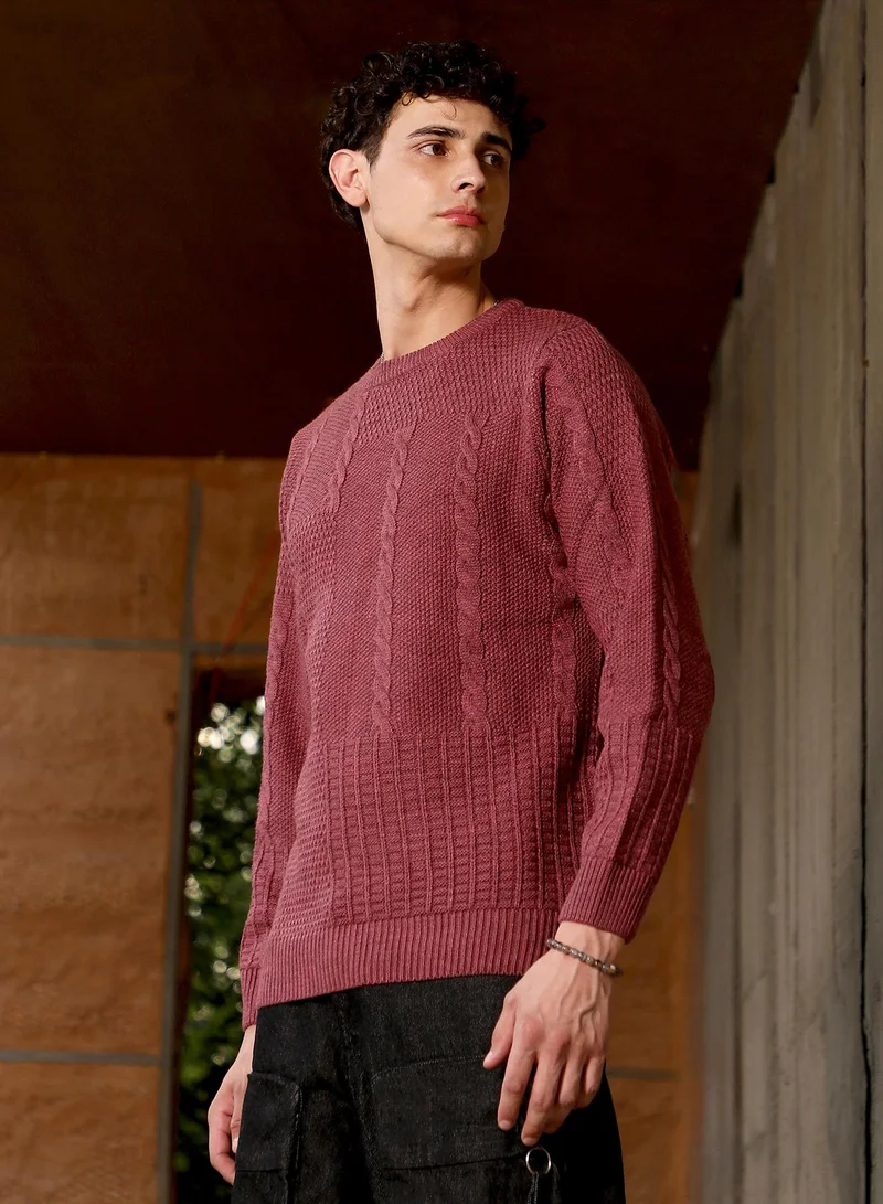 Campus Sutra Campus Sutra Men's Brick Brown Cable-Jacquard Knit Pullover Sweater | Round Neck , Ribbed Cuff Sleeves , Pull On Closure , Ribbed-Straight Hem | Solid Jacquard For Casual & Daily Wear