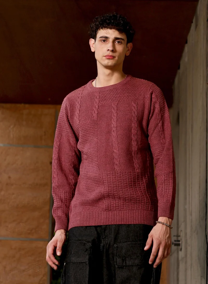كامبوس سوترا Campus Sutra Men's Brick Brown Cable-Jacquard Knit Pullover Sweater | Round Neck , Ribbed Cuff Sleeves , Pull On Closure , Ribbed-Straight Hem | Solid Jacquard For Casual & Daily Wear