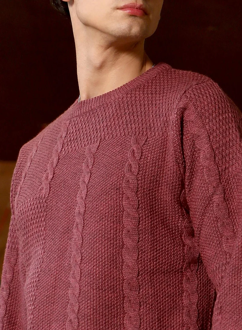 Campus Sutra Campus Sutra Men's Brick Brown Cable-Jacquard Knit Pullover Sweater | Round Neck , Ribbed Cuff Sleeves , Pull On Closure , Ribbed-Straight Hem | Solid Jacquard For Casual & Daily Wear