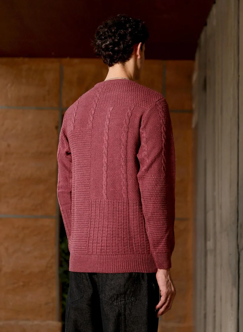 Campus Sutra Campus Sutra Men's Brick Brown Cable-Jacquard Knit Pullover Sweater | Round Neck , Ribbed Cuff Sleeves , Pull On Closure , Ribbed-Straight Hem | Solid Jacquard For Casual & Daily Wear