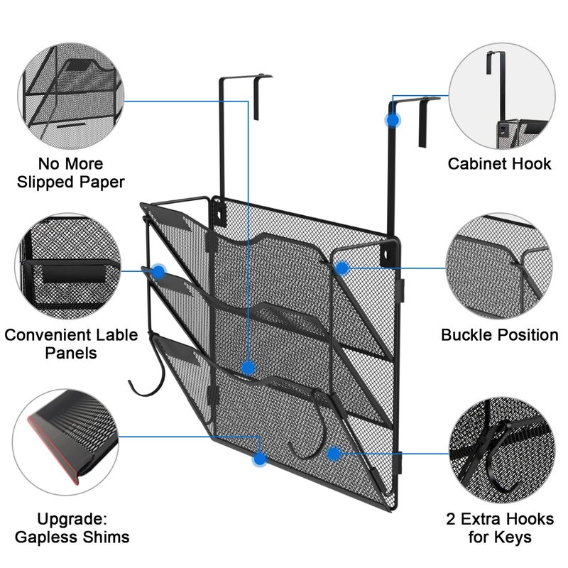 BOHDK Wall File Organizer 3 Pockets, Mail Organizer, Hanging Folder Holder, Foldable | Hanging or Wall Mounted | Label Panel | 2 Hooks | Office Home School Organizer, Black - Image 4