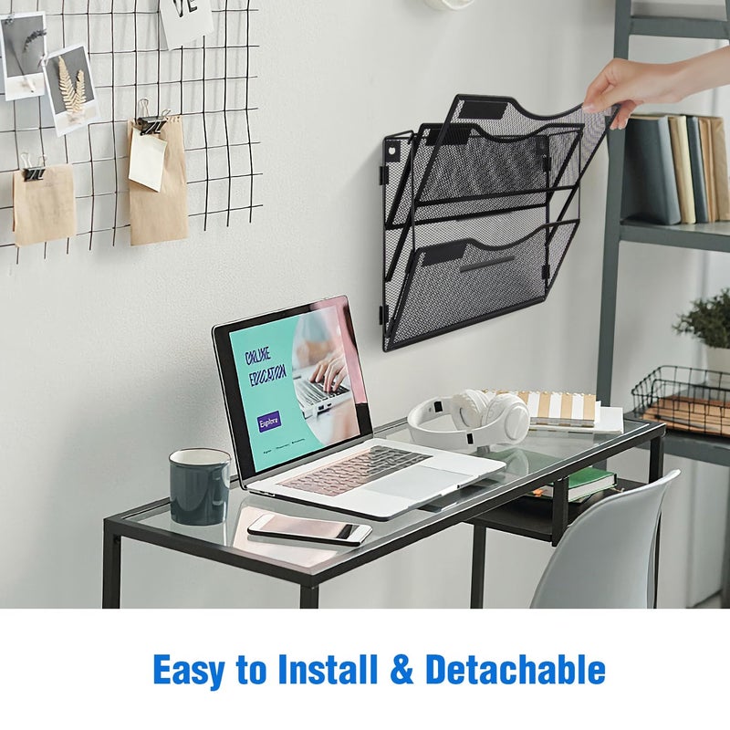 BOHDK Wall File Organizer 3 Pockets, Mail Organizer, Hanging Folder Holder, Foldable | Hanging or Wall Mounted | Label Panel | 2 Hooks | Office Home School Organizer, Black - Image 2