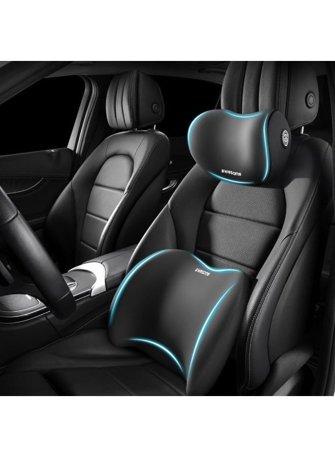 Car Headrest and Lumbar Support Cushion Kit, Ergonomic Memory Foam, Black - Image 1