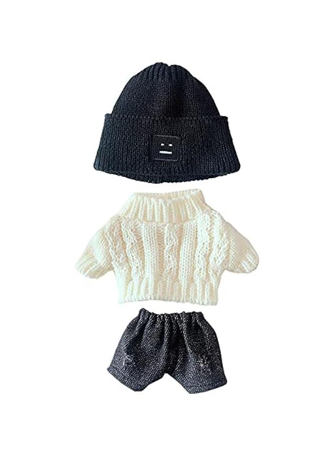Arabest Doll Clothes Suit 7.8in/20cm Plush Doll Clothes Hat + Sweater + Shorts 3-Piece Set Doll Dressup Square Face Hat Denim Shorts White Sweater (Black)  - Image 1