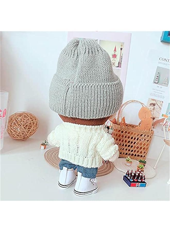 Arabest Doll Clothes Suit 7.8in/20cm Plush Doll Clothes Hat + Sweater + Shorts 3-Piece Set Doll Dressup Square Face Hat Denim Shorts White Sweater (Black)  - Image 5