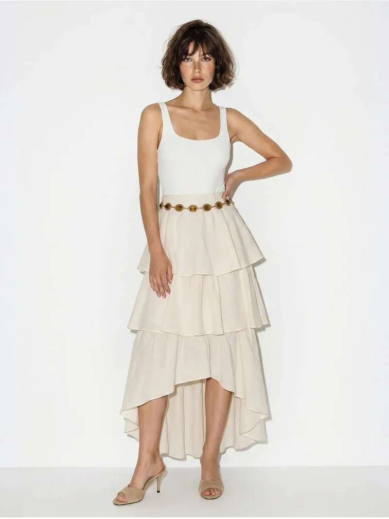 Bianco Lucci LUCCI High-Waist Cotton Poplin Midi Skirt