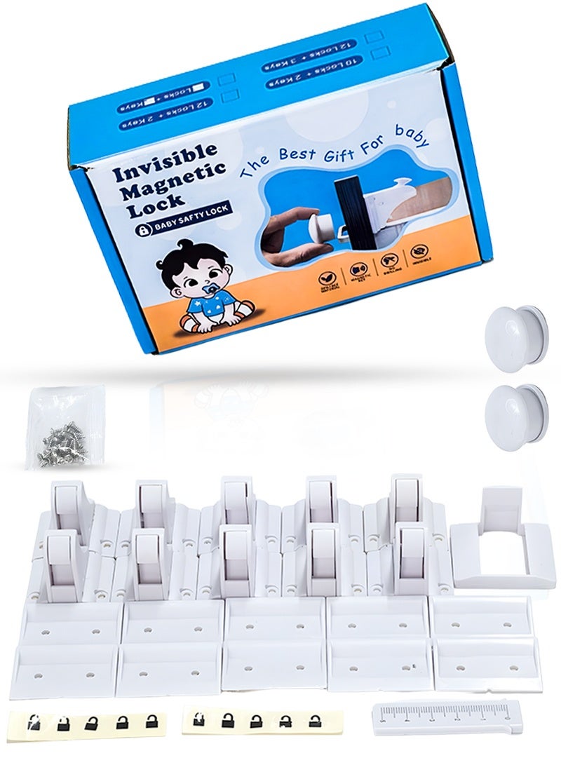 أيه بي جي طقم أقفال أمان مغناطيسية (10 أقفال + 2 مفاتيح) – أقفال خفية لحماية الأطفال للخزائن والأدراج، قوة مغناطيسية قوية 3,100 غاوس، تركيب بدون حفر بشريط لاصق 3M، أقفال أمان للأطفال للمنازل والمطابخ - Image 1