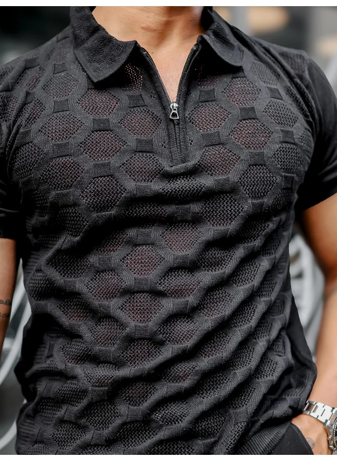 Maniac Mens Solid Textured Half Zip Polo Neck Half Sleeve Black Cotton T-Shirt