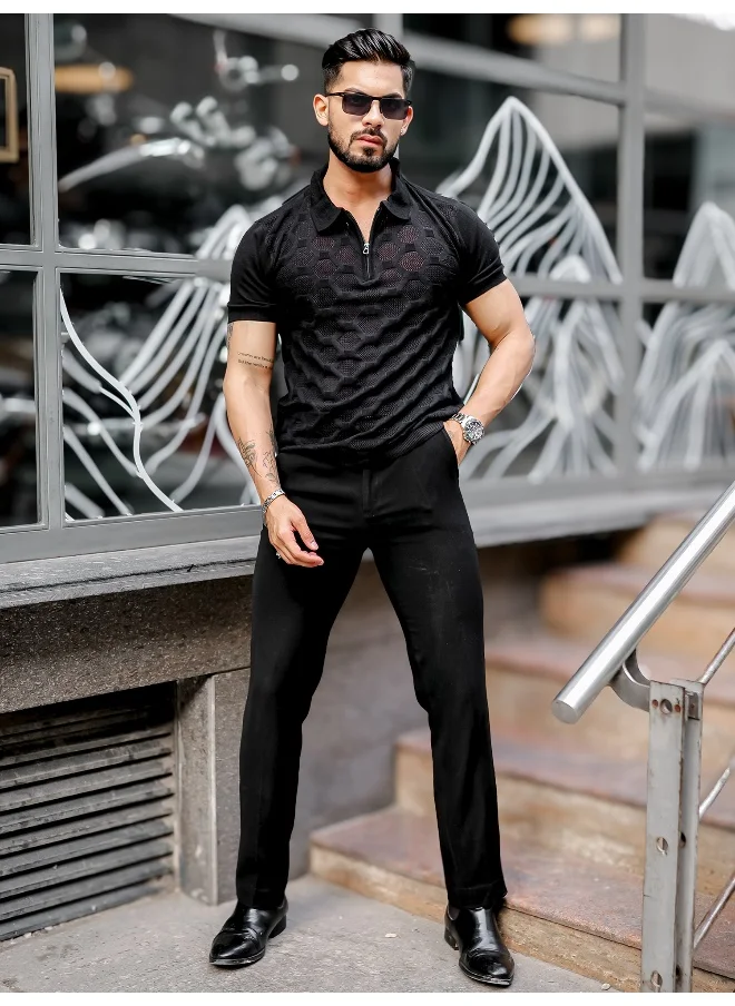Maniac Mens Solid Textured Half Zip Polo Neck Half Sleeve Black Cotton T-Shirt