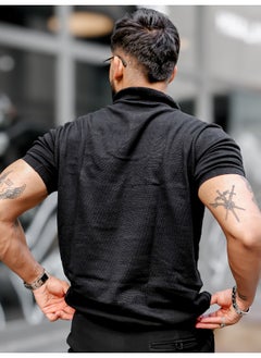 Maniac Mens Solid Textured Half Zip Polo Neck Half Sleeve Black Cotton T-Shirt  - Image 5