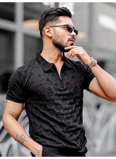 Maniac Mens Solid Textured Half Zip Polo Neck Half Sleeve Black Cotton T-Shirt  - Image 3