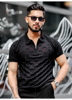 Maniac Mens Solid Textured Half Zip Polo Neck Half Sleeve Black Cotton T-Shirt  - Image 2