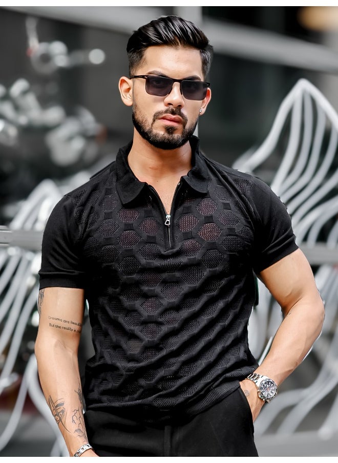 Maniac Mens Solid Textured Half Zip Polo Neck Half Sleeve Black Cotton T-Shirt  - Image 2