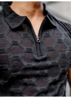 Maniac Mens Solid Textured Half Zip Polo Neck Half Sleeve Black Cotton T-Shirt  - Image 4