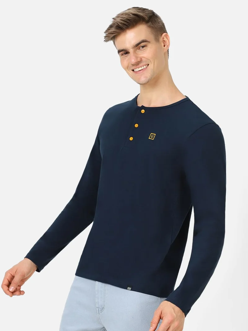 Urbano Fashion  Urbano Fashion Men's Navy Blue Solid Henley Neck Slim Fit Cotton T-Shirt for Men | Best Price UAE