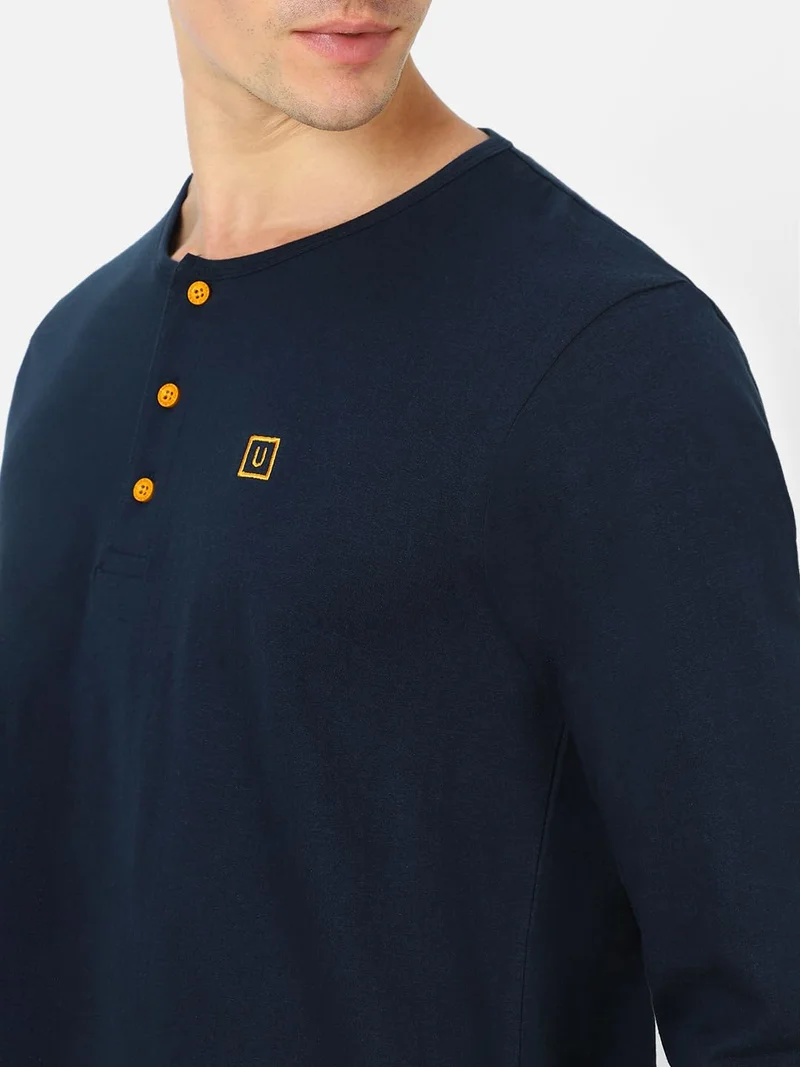 Urbano Fashion  Urbano Fashion Men's Navy Blue Solid Henley Neck Slim Fit Cotton T-Shirt for Men | Best Price UAE