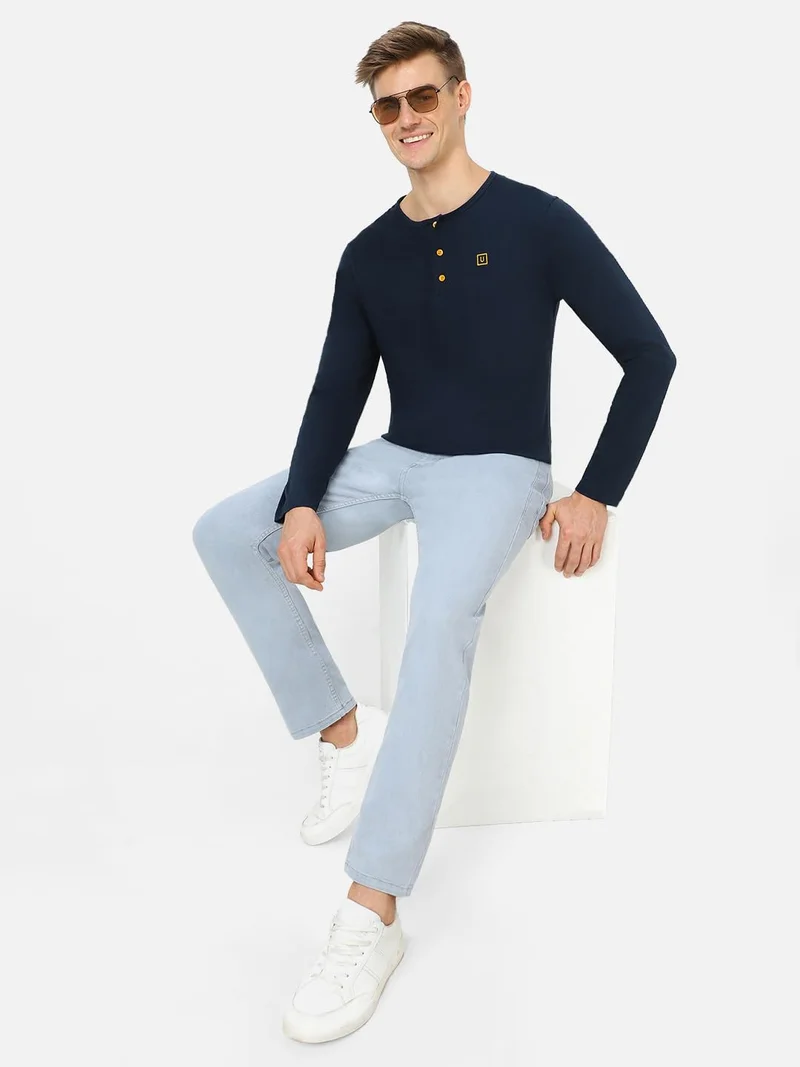 Urbano Fashion  Urbano Fashion Men's Navy Blue Solid Henley Neck Slim Fit Cotton T-Shirt for Men | Best Price UAE