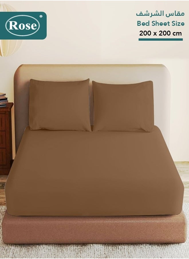 Rose - Rose Luxurious Plain Fitted Sheet with Deep Pockets and Pillow Cases, Bed Sheet 3-Pieces Set, Soft & Cozy Microfiber Breathable and Cooling, King Size 200x200+38 cm, Brown - Image 1