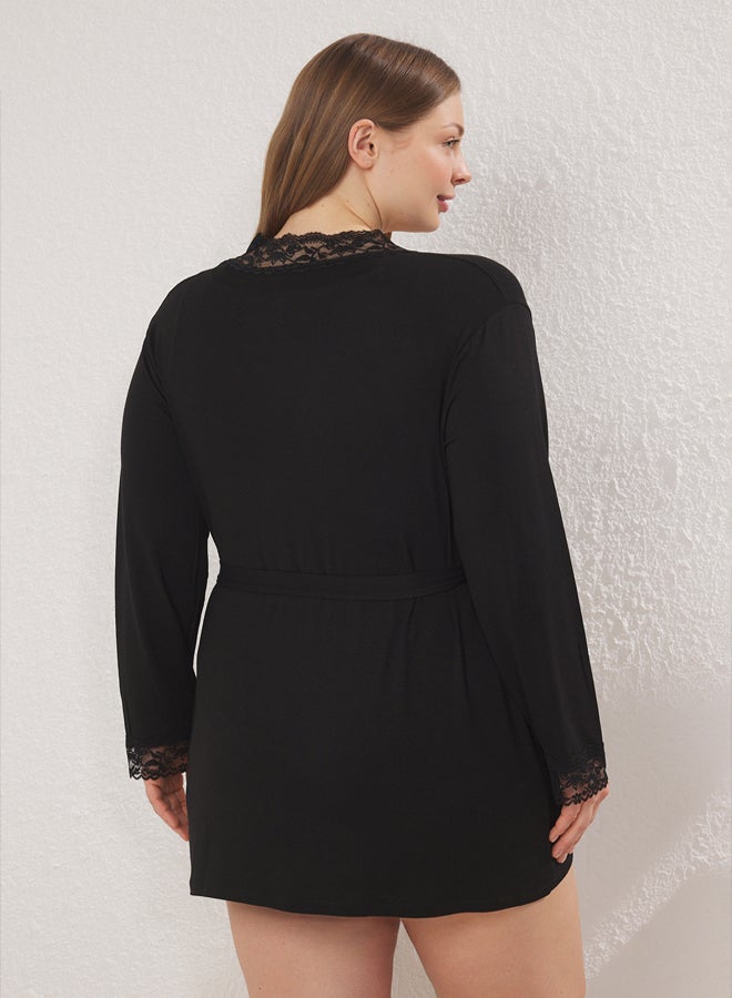 trendyol Black Lace Detail Viscose Knitting Dressing gown - Image 4