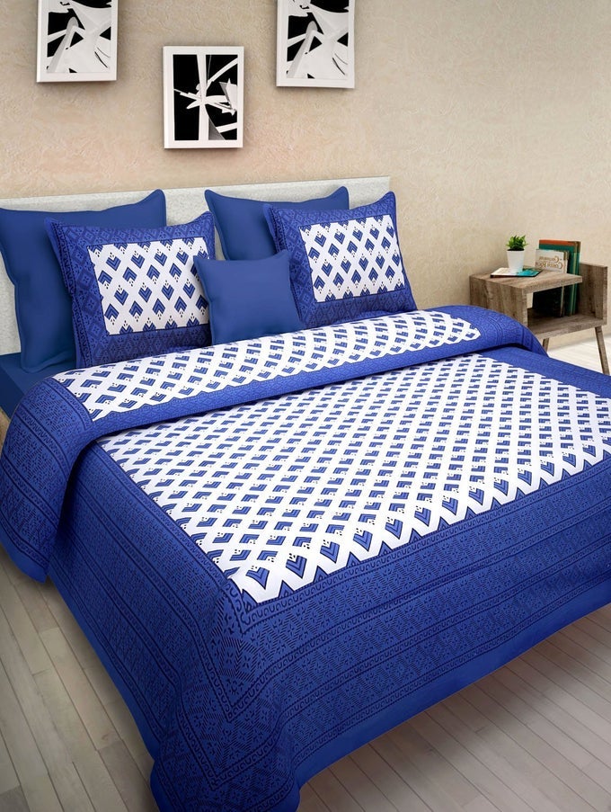 144 TC 100 COTTON RAJASTHANI JAIPURI TRADITIONAL 1 DOUBLE BEDSHEET WITH 2 PILLOW COVERS BLUE