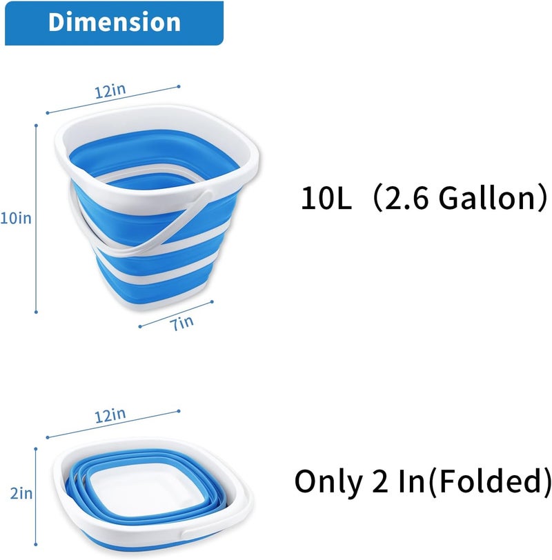 Craftend عبوة من 2 دلو قابل للطي سعة 10 لتر (2.6 جالون) دلو تنظيف دلو ممسحة قابل للطي محمول صغير من البلاستيك لإمدادات المياه للاستخدام في الهواء الطلق والحديقة والتخييم وصيد الأسماك وغسيل السيارات وتوفير المساحة مربع رمادي أزرق - Image 2