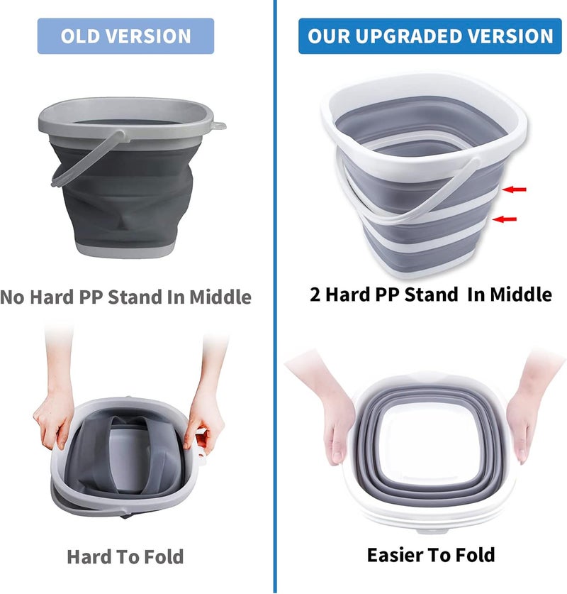 Craftend عبوة من 2 دلو قابل للطي سعة 10 لتر (2.6 جالون) دلو تنظيف دلو ممسحة قابل للطي محمول صغير من البلاستيك لإمدادات المياه للاستخدام في الهواء الطلق والحديقة والتخييم وصيد الأسماك وغسيل السيارات وتوفير المساحة مربع رمادي أزرق - Image 3