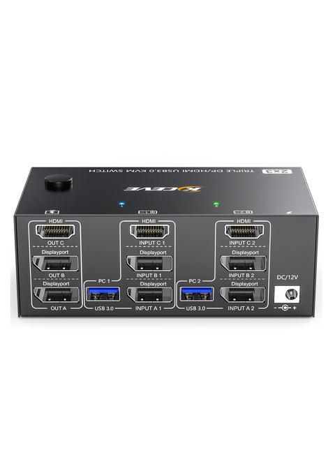 KVM Switch for 3 Monitors and 2 Computers, Supports 8K@60Hz & 4K@144Hz, HDMI + 2 DisplayPort, Triple Monitor Sharing, 4 USB 3.0 Ports, Includes Wired Remote & 5 Cables.