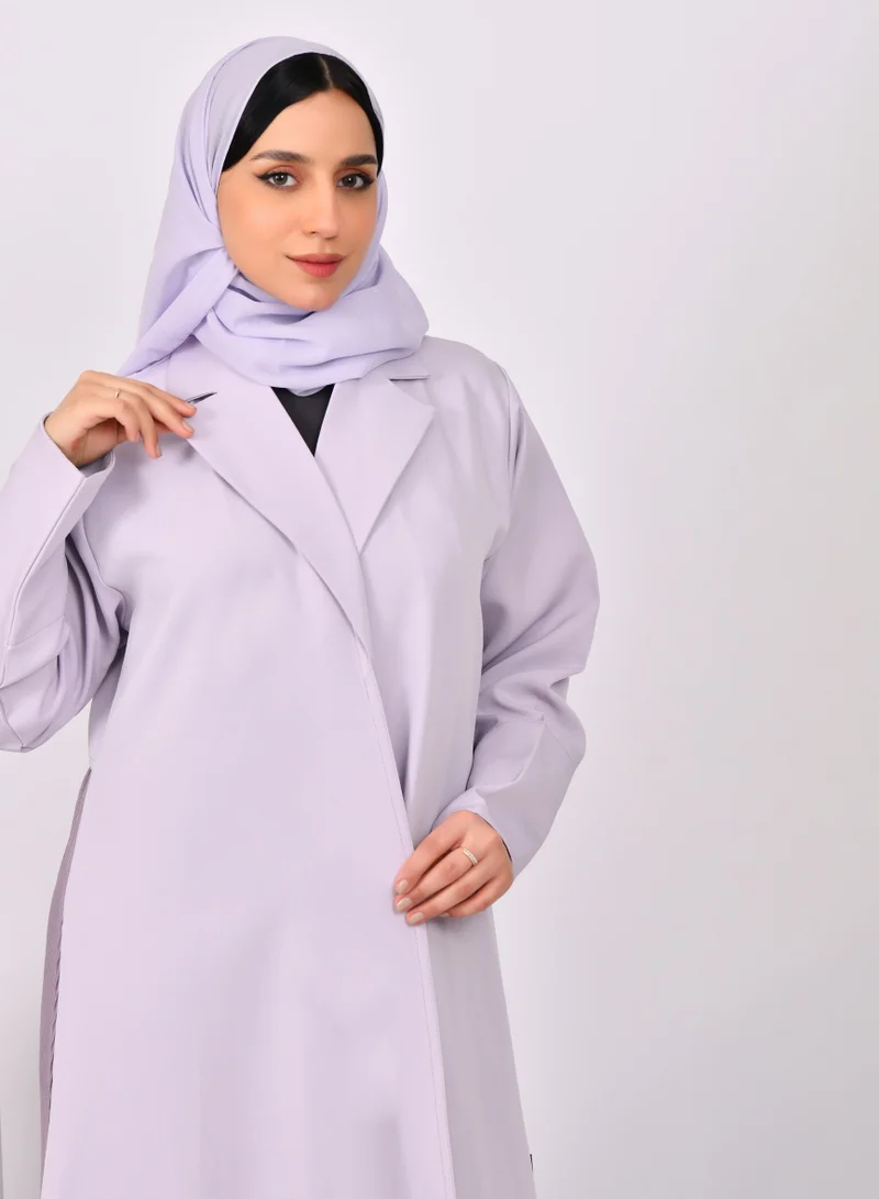 HAWRAA ABAYA Abaya, blazer abaya in light purple with dark purple overlay and pleats at the bottom of the abaya