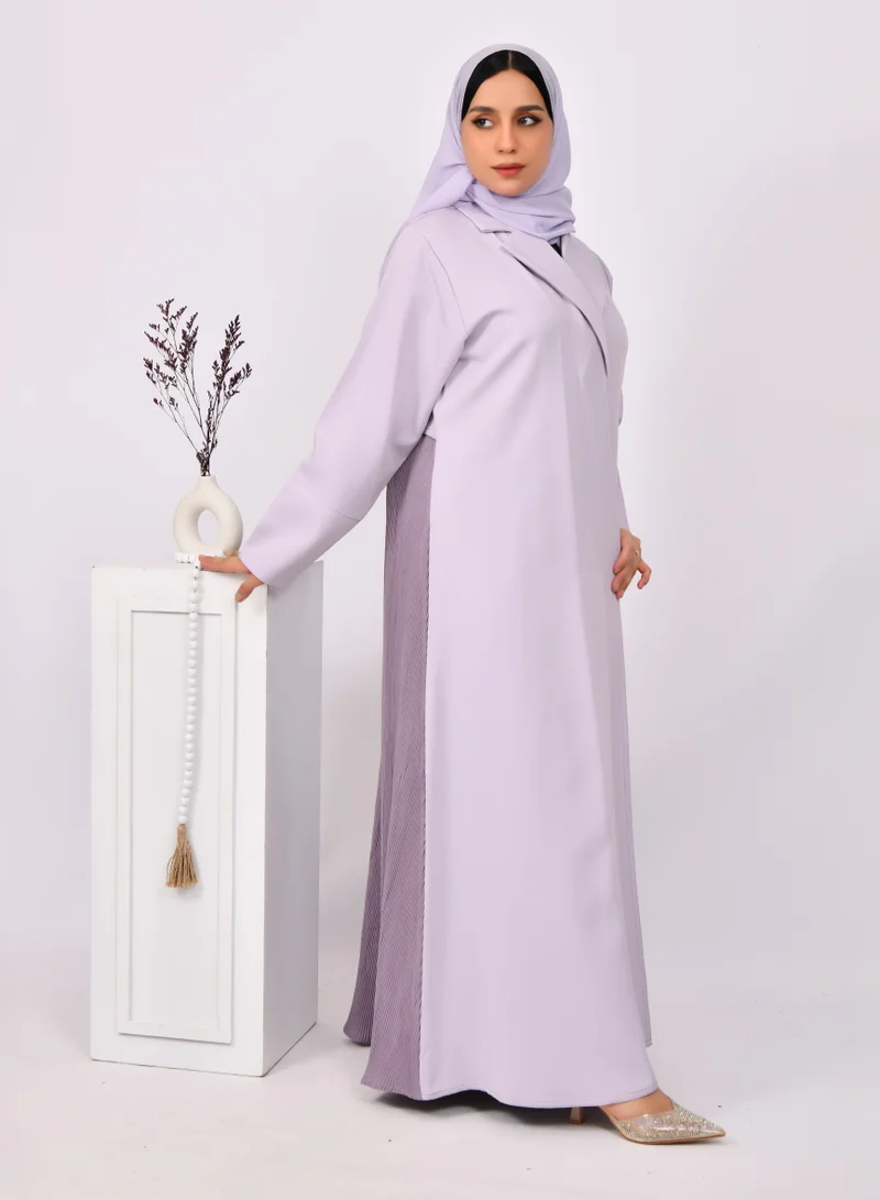 HAWRAA ABAYA Abaya, blazer abaya in light purple with dark purple overlay and pleats at the bottom of the abaya